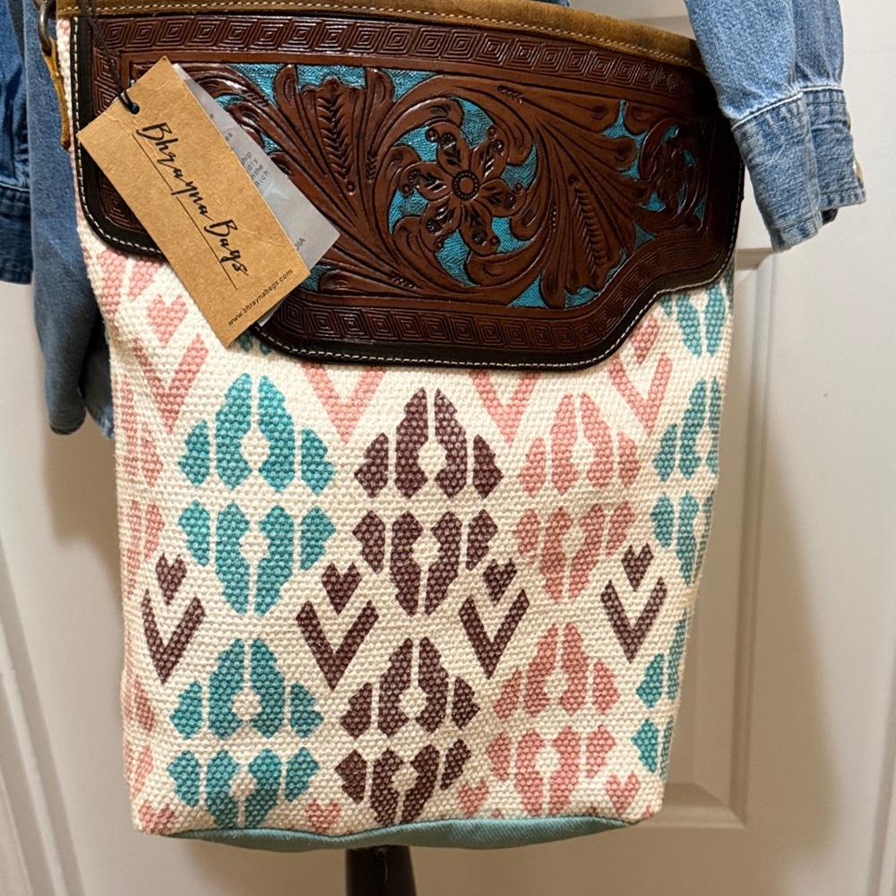 Bhrayna crossbody Bag featuring a Western or Bohemian style in Pink and Teal